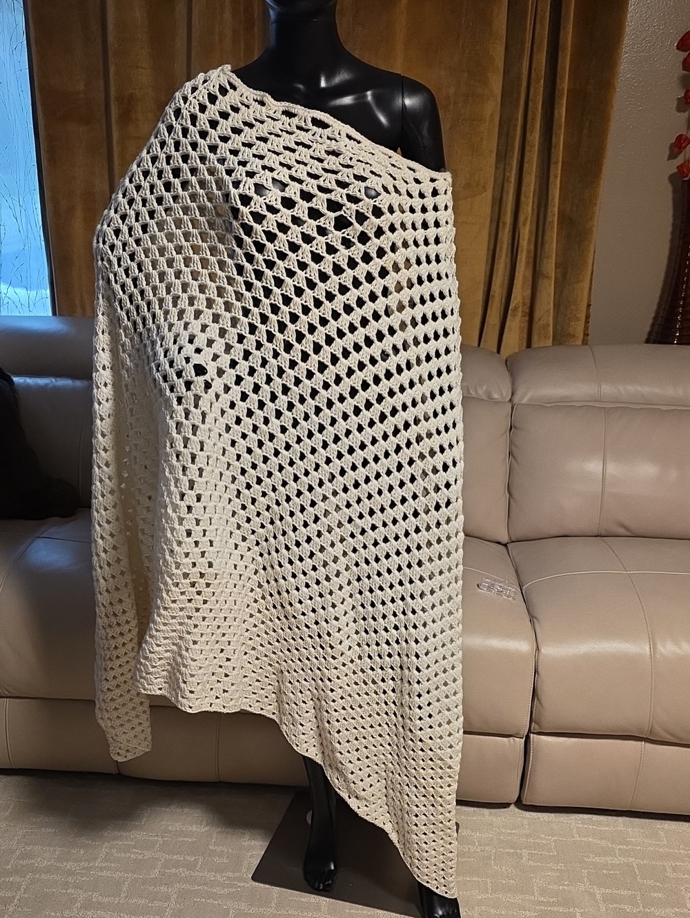 Cream Crochet Open-Knit Women's Sweater Poncho